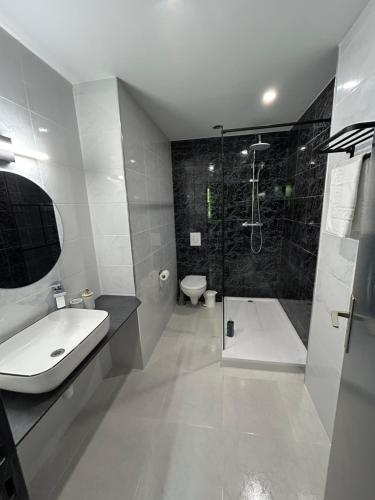 a bathroom with a shower and a sink and a toilet at Hotel Le Gambetta in Bergerac