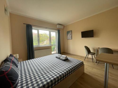 a bedroom with a bed and a window and a table at Гостьовий будинок Arсadia in Odesa