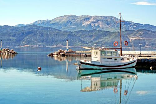 a boat is docked at a dock in the water at Cavos Fokidos in Chiliadou