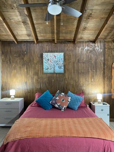 a bedroom with a bed and a ceiling fan at Loft Tongoy 2 Interior sin vista al mar in Tongoy