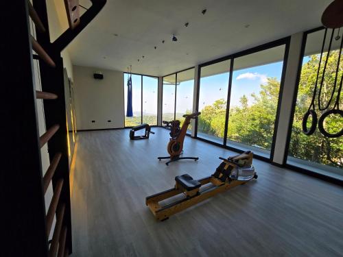 an image of a gym with cardio equipment in a room with windows at Chira Glamping Resort Monteverde in Monteverde Costa Rica