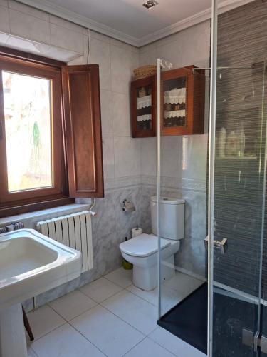 Un baño con inodoro, lavabo y ducha. en Casa García, Cantabria, en Pesquera