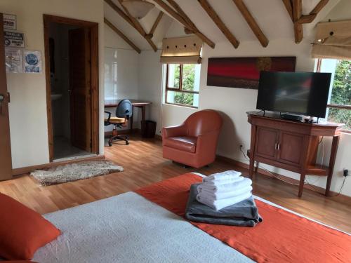 a living room with a bed and a television at hotel el portal de las Flores, Alojamiento Rural in Chía