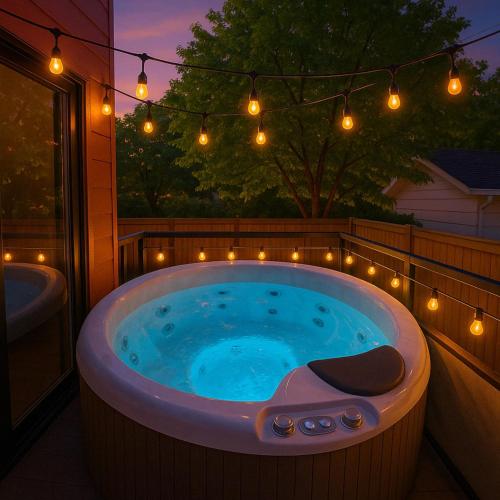 a hot tub in a backyard with lights and lights at 5BR-Luxury Retreat-Hot Tub-King Bed-Rogers Place-DT in Edmonton