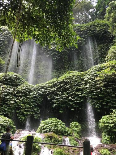 a person standing in front of a waterfall at Bello Bungalow in Batukliang