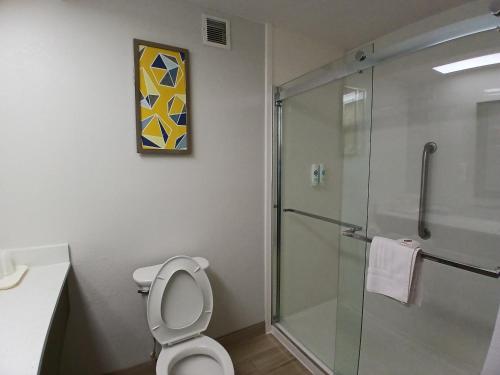 a bathroom with a toilet and a glass shower at Comfort Inn near Downtown & Blue Ridge PKWY in Marion