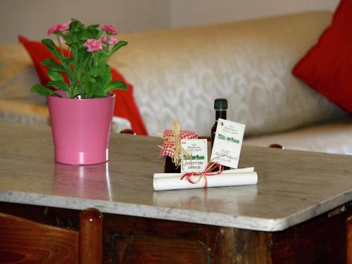 a table with two bottles of wine and a potted plant at Nice apartment in Guasticce with pool in Guasticce
