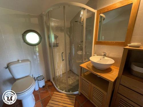 a bathroom with a shower and a toilet and a sink at Charmante chaumière traditionnelle dans le Marais breton - FR-1-426-584 in Beauvoir-sur-Mer