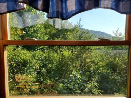 a window with a view of a field of trees at Bearadise Romantic Swing MtnViews*Hottub Easy Road in Williamsburg
