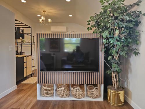 a television in a living room with two potted plants at Villa del Sol St Pete The Loft in St. Petersburg