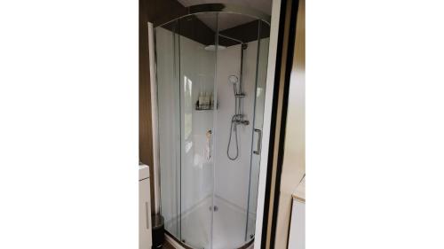 a shower stall with a glass door at Rural Delight by Tiny Away in Ohaupo