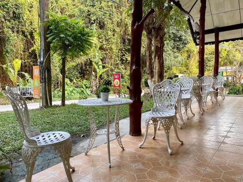 a row of chairs and tables and a table at Samma Karuna Beach & Wellness Resort - Intoxicants free in Haad Chao Phao