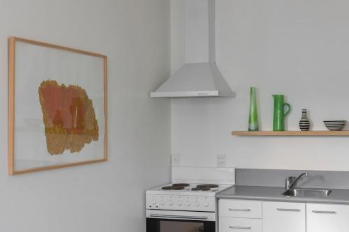 a kitchen with a stove and a picture on the wall at The Art Stable in Wellington