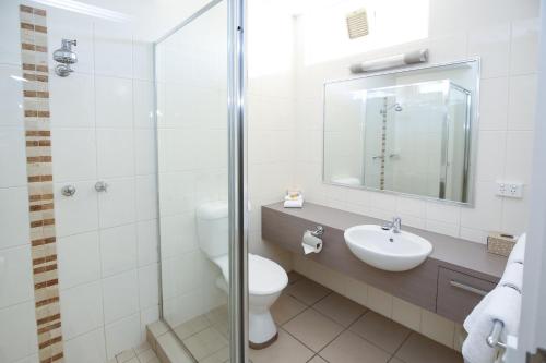 a bathroom with a sink, toilet and shower at Sandors Motor Inn in Mildura