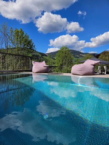 basen z dwoma poduszkami na górze w obiekcie ALMMONTE SENSUM SUITES Boutique Hotel w mieście Wagrain