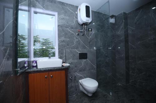 a bathroom with a toilet and a sink and a window at The White Mountain View Kufri in Kūfrī