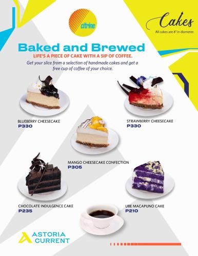 a flyer for baked and approved cakes with a cup of coffee at Astoria Current in Boracay