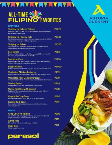 a menu for a restaurant with a picture of a meal at Astoria Current in Boracay