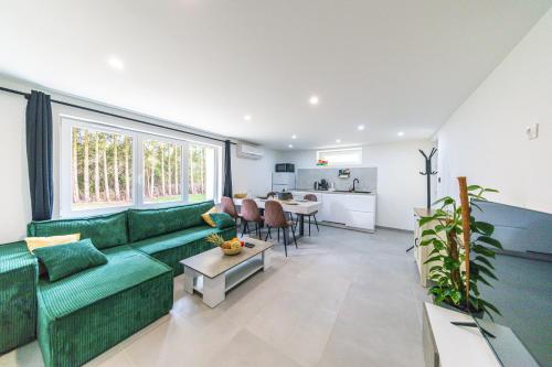 un salon avec un canapé vert et une table dans l'établissement Le Jardin Secret Nature Spa parking jardin 1500m2, à Dieulouard