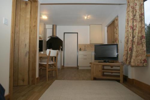 a living room with a television on a wooden table at The Elms Annex in Cottered