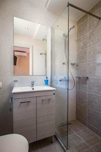 a bathroom with a shower and a sink and a toilet at Liostasi in Halikounas