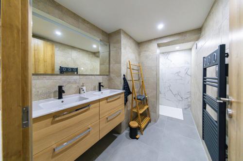 une salle de bain avec un lavabo et une douche dans l'établissement Le Jardin Secret Nature Spa parking jardin 1500m2, à Dieulouard