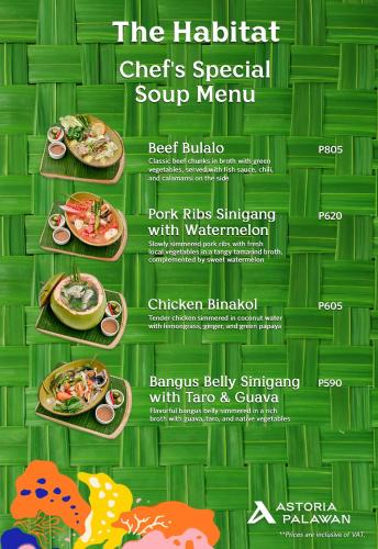a flyer for the habitat chefs special soup menu at Astoria Palawan in Puerto Princesa City