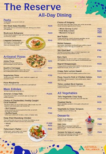 a menu for the reserve all day dining at Astoria Palawan in Puerto Princesa City