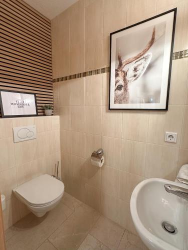 a bathroom with a toilet and a picture of a deer on the wall at "SONNTAGSKIND" - 2-Zimmer-Apartment mit Terrasse und Privatgarten in Kraiham