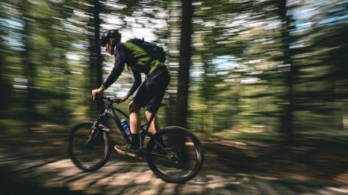 a man riding a bike in the woods at Skyttehusets Camping in Silkeborg
