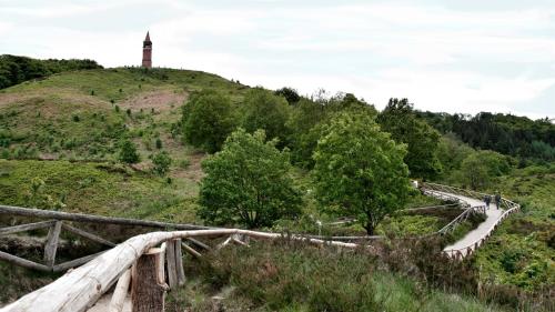 a wooden bridge on a hill with a lighthouse at Skyttehusets Camping in Silkeborg