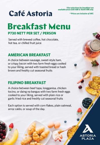 a flyer for a breakfast menu with different foods at Astoria Plaza in Manila