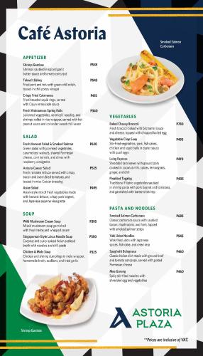 a menu for cafe astoria with two plates of food at Astoria Plaza in Manila