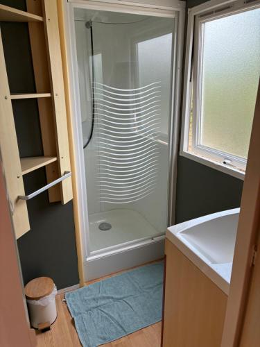 une salle de bain avec une douche et un lavabo et une fenêtre dans l'établissement Mobile home du lac, à Clérey