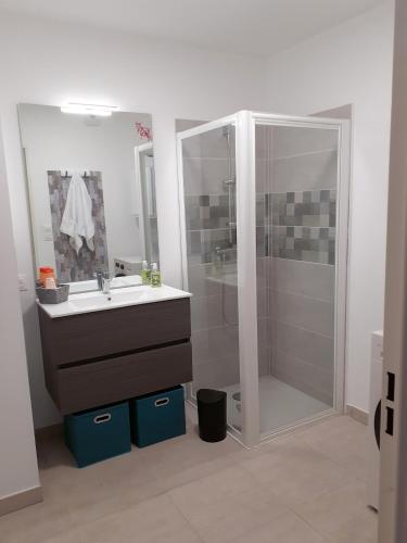 une salle de bain avec un lavabo et une douche dans l'établissement A casa, à Propriano