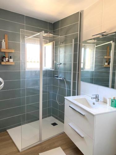 une salle de bain avec douche et lavabo dans l'établissement Mauguio Arty Cosy Wifi Netflix AC, à Mauguio