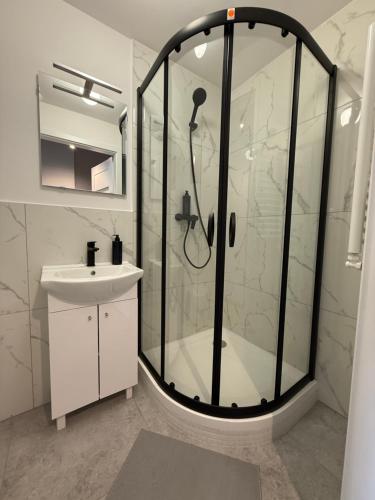 a white bathroom with a shower and a sink at DREAM APARTMENTS - Wschodnia 34 in Łódź