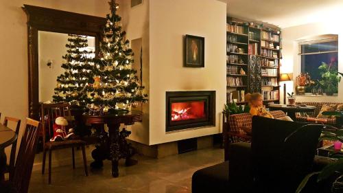 a living room with a christmas tree and a fireplace at Dom Gościnny Hansel & Gretel in Kallinowen
