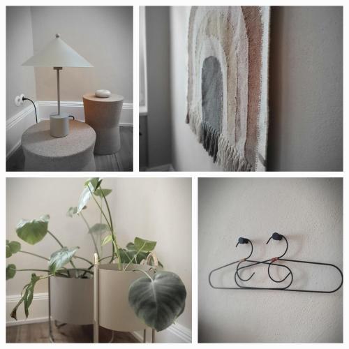 a collage of four pictures of a room with plants at Stadtvilla An der Viergelindenbrücke in Rostock