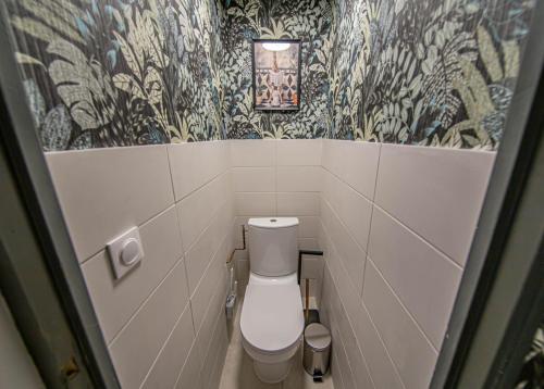 a small bathroom with a toilet and wallpaper at Le gîte des Remparts in Vignot