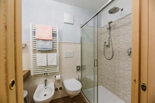 a bathroom with a shower and a toilet and a sink at Hotel Des Alpes in Soraga