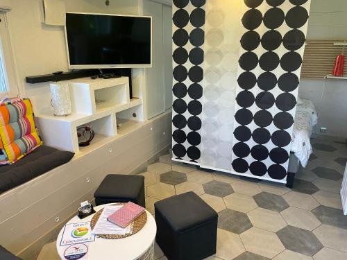 un salon avec un canapé et une télévision dans l'établissement entre mer et montagne, à Peyroules