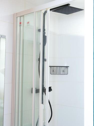 une douche avec une porte vitrée dans une salle de bain dans l'établissement Le Jungle, à Villeurbanne