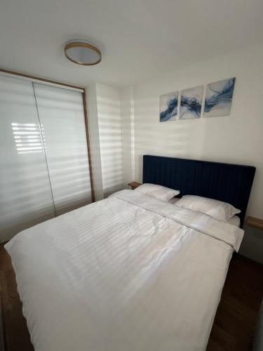 a bedroom with a large white bed with a blue headboard at Elita Apartmani in Ivišovo Greblje
