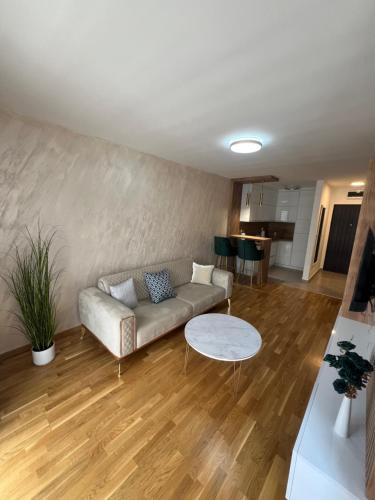 a living room with a couch and a table at Elita Apartmani in Ivišovo Greblje