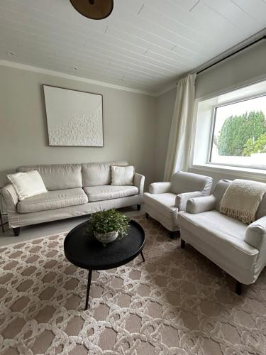 a living room with two couches and a table at Sjøgata Gjestehus No2 in Larvik