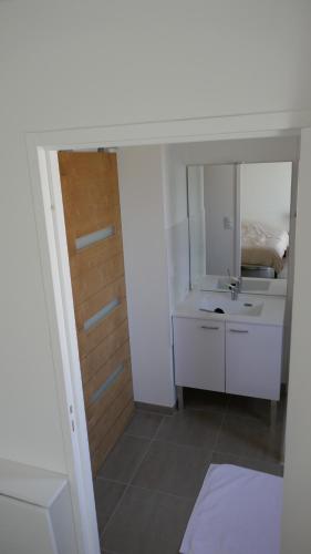 une petite salle de bain avec un lavabo et un miroir dans l'établissement Ma chambre d'amis, à Bourgbarré