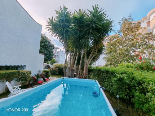 a swimming pool in a yard with a palm tree at Aminth relax tra mare e colline in Santa Marinella