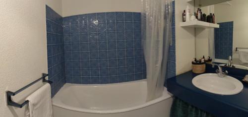 La salle de bains est pourvue d'une douche carrelée de bleu et d'un lavabo. dans l'établissement T2 Seignosse Plage - 45M2, à Seignosse