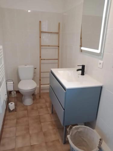 une salle de bain avec un lavabo bleu et des toilettes dans l'établissement Maison conviviale à Épreville-en-Lieuvin avec jardin, à Épreville-en-Lieuvin